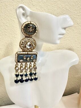 Elegant Gold-Plated Blue & Pearl Chandbali Kundan Earrings (High Quality)